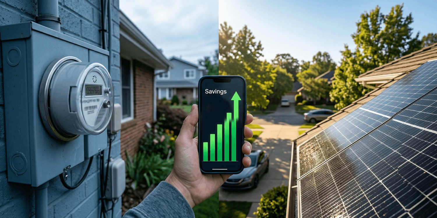 A smartphone displaying a solar savings chart held in front of a house with modern solar panels and a utility meter at sunrise.