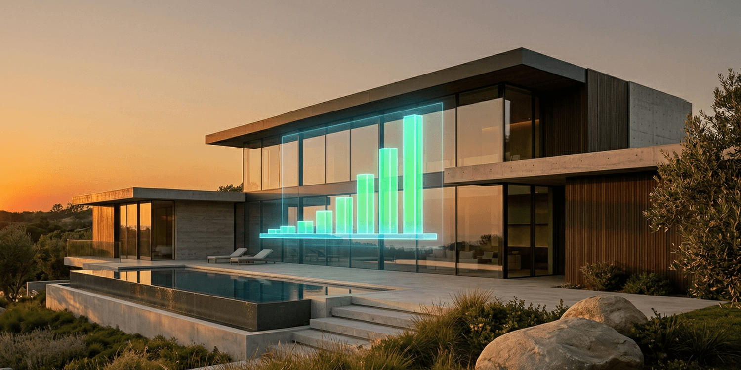 A high-end modern home with solar panels, illustrating the financial balance between upfront installation costs and 25-year electricity savings