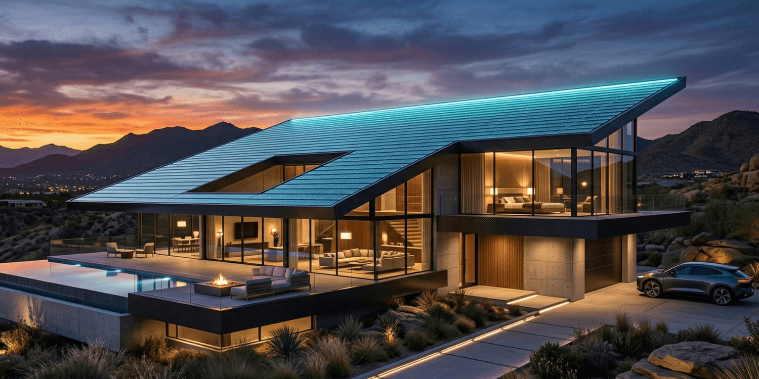 Futuristic solar home at sunset, illustrating solar payback and energy savings.