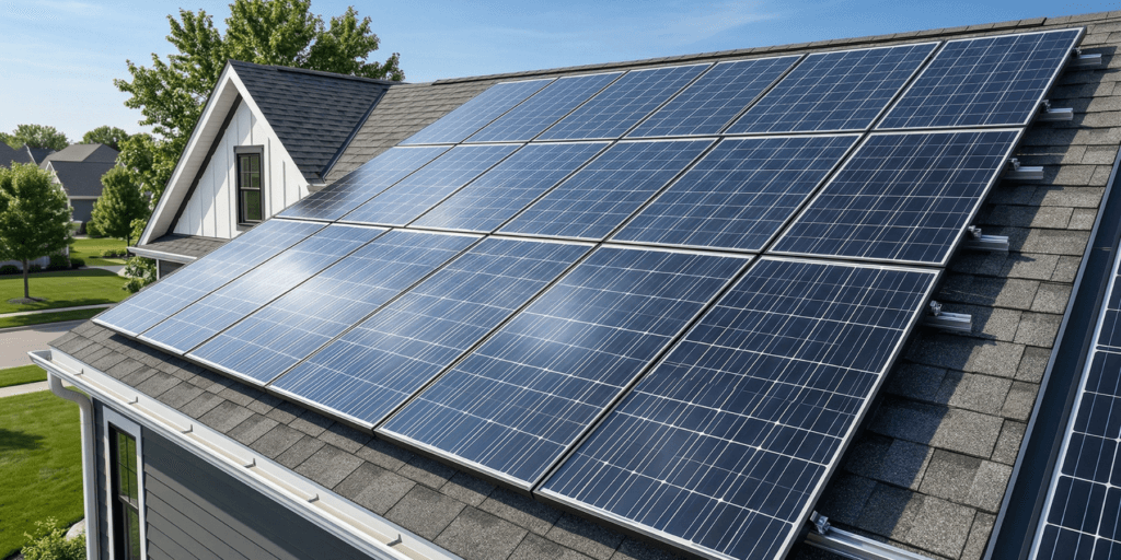 Rooftop solar panels on a modern home used in a solar cost, savings, and payback calculator website banner