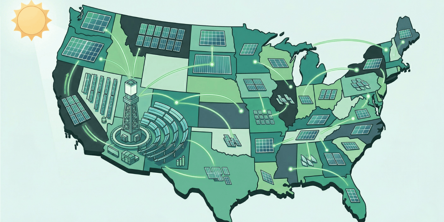 Vector infographic map of the United States illustrating a nationwide solar energy grid with panels and a central power tower.